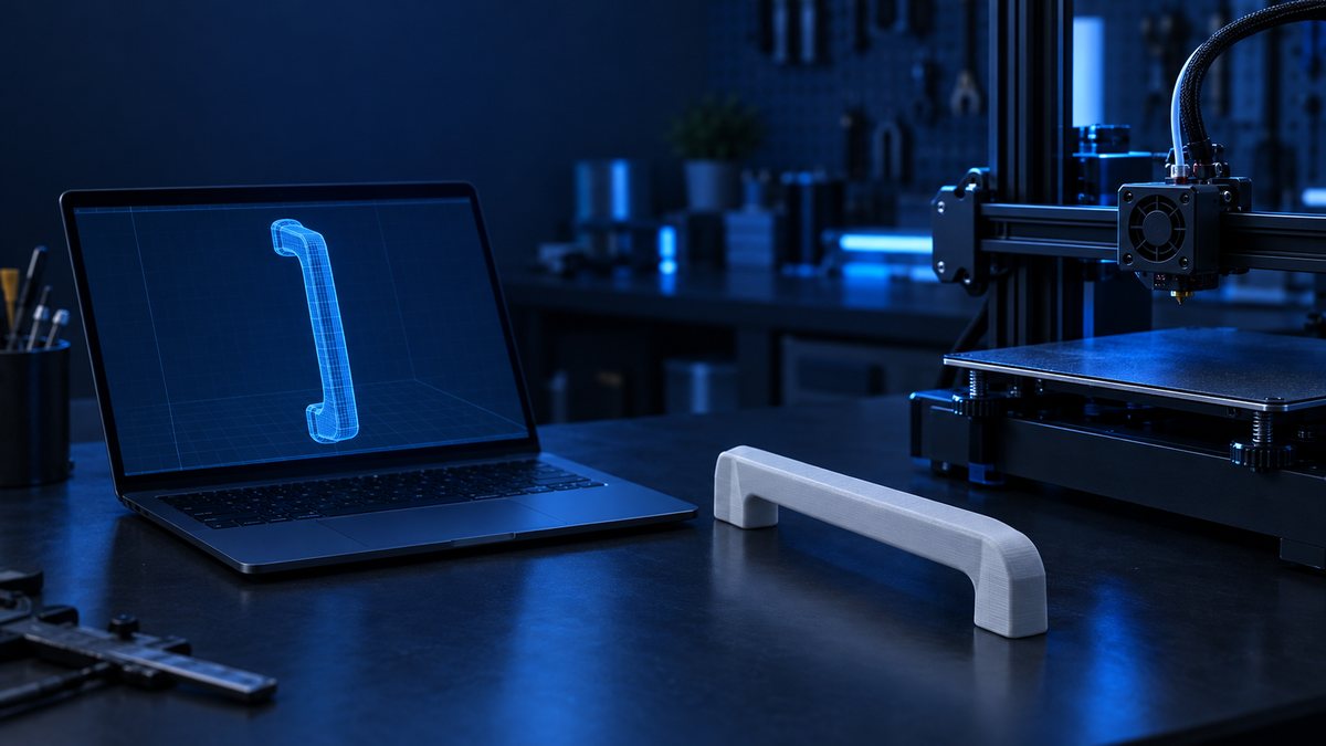 笔记本电脑显示冰箱把手的3D模型，打印好的把手放在3D打印机旁