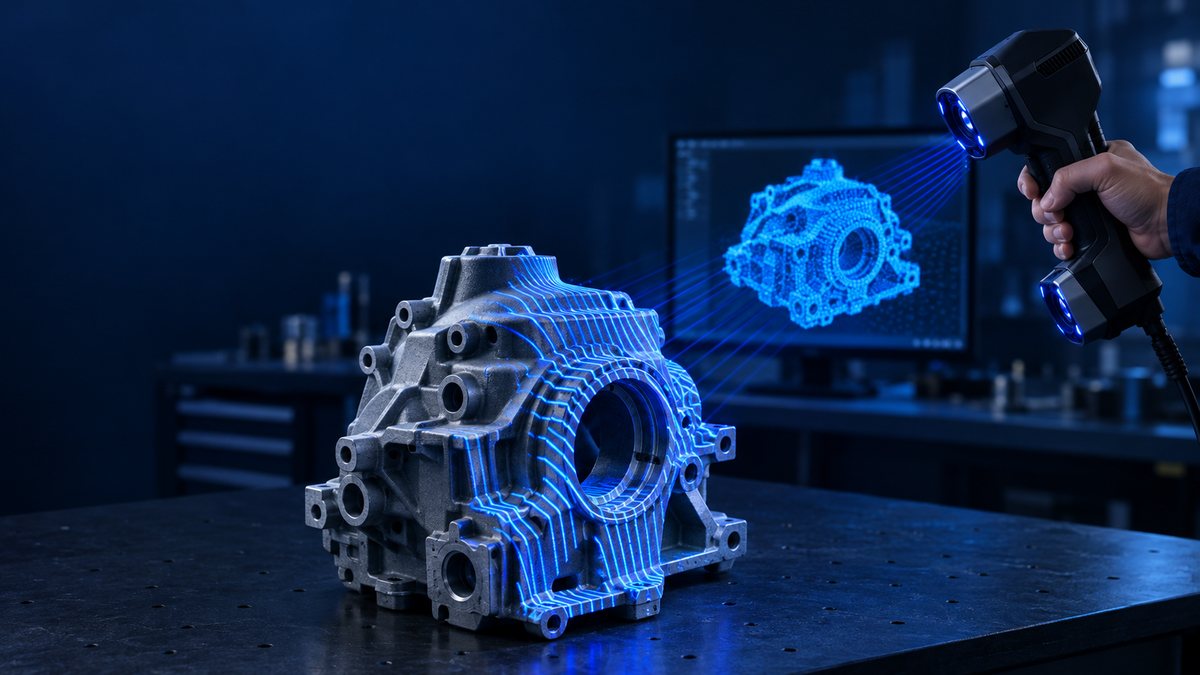 手持3D扫描仪向金属外壳投射蓝色条纹，显示器上呈现零件点云