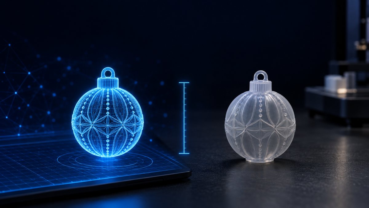 屏幕上的圣诞球3D模型与使用光敏树脂打印的实物