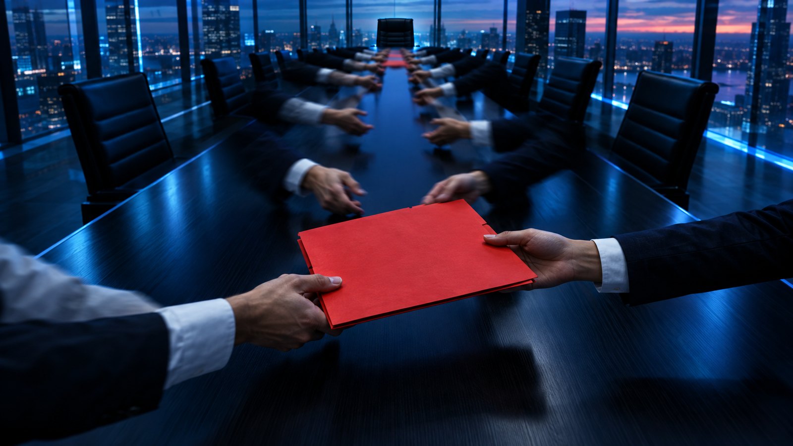 红色文件夹沿着长会议桌在人与人之间传递，象征企业内部的决策链条